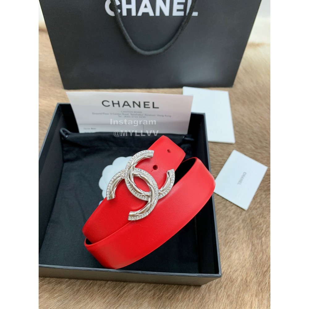 Chanel New Calf Leather Diamond Silver Buckle 30mm Belts For Women Red