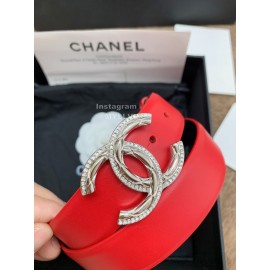 Chanel New Calf Leather Diamond Silver Buckle 30mm Belts For Women Red