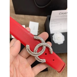 Chanel New Calf Leather Diamond Silver Buckle 30mm Belts For Women Red