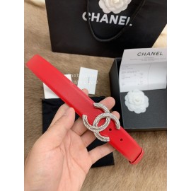 Chanel New Calf Leather Diamond Silver Buckle 30mm Belts For Women Red