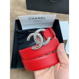 Chanel New Calf Leather Diamond Silver Buckle 30mm Belts For Women Red