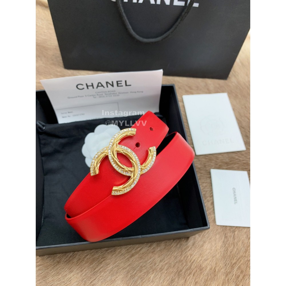 Chanel New Calf Leather Diamond Gold Buckle 30mm Belts For Women Red