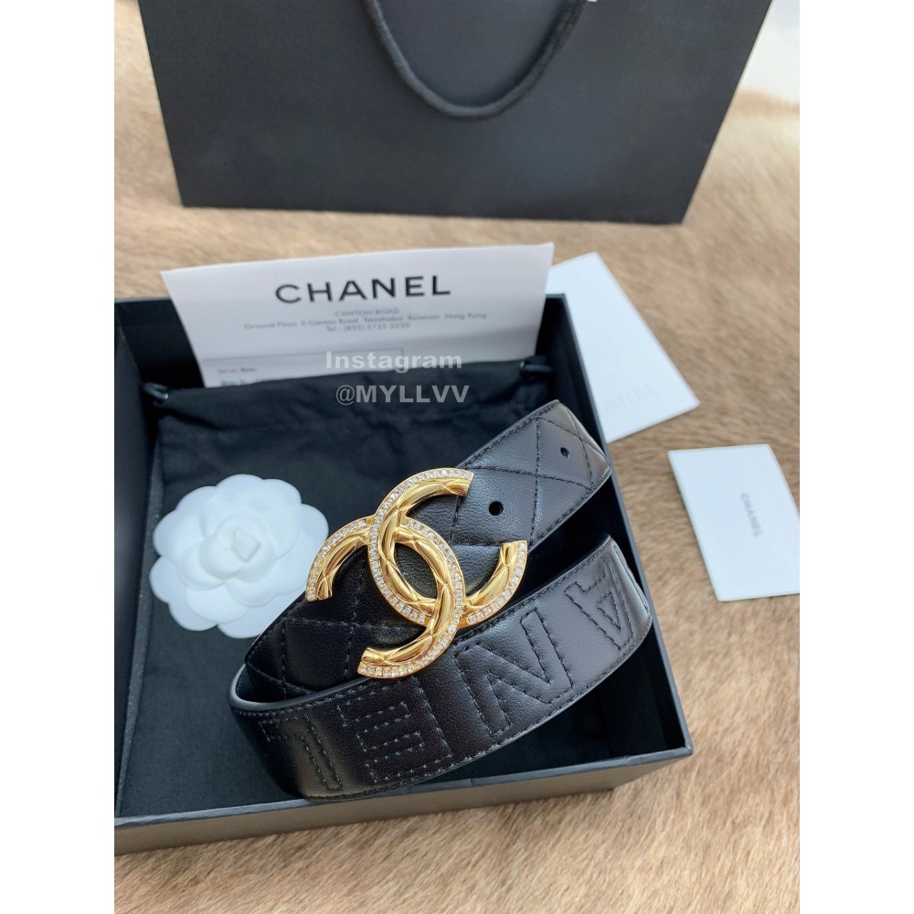 Chanel Black Letter Calf Leather Diamond Buckle 30mm Belts For Women 