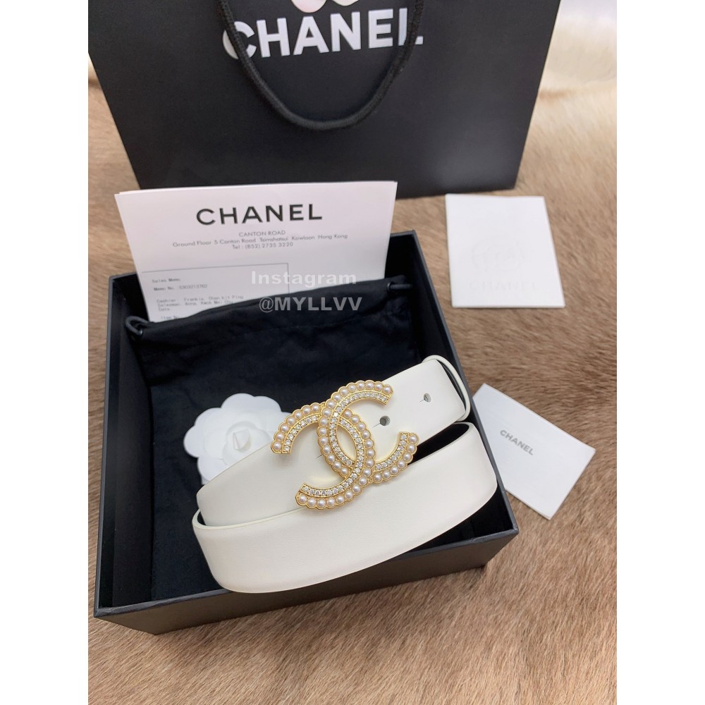 Chanel Fashion White Calf Leather Pearl Buckle 30mm Belts For Women 