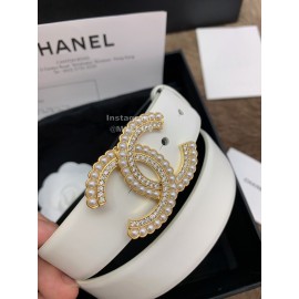 Chanel Fashion White Calf Leather Pearl Buckle 30mm Belts For Women 