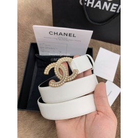 Chanel Fashion White Calf Leather Pearl Buckle 30mm Belts For Women 