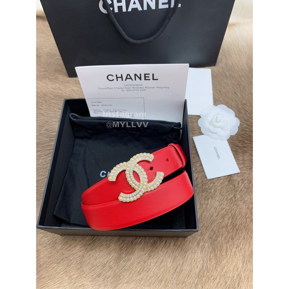 Chanel Fashion Red Calf Leather Pearl Buckle 30mm Belts For Women 
