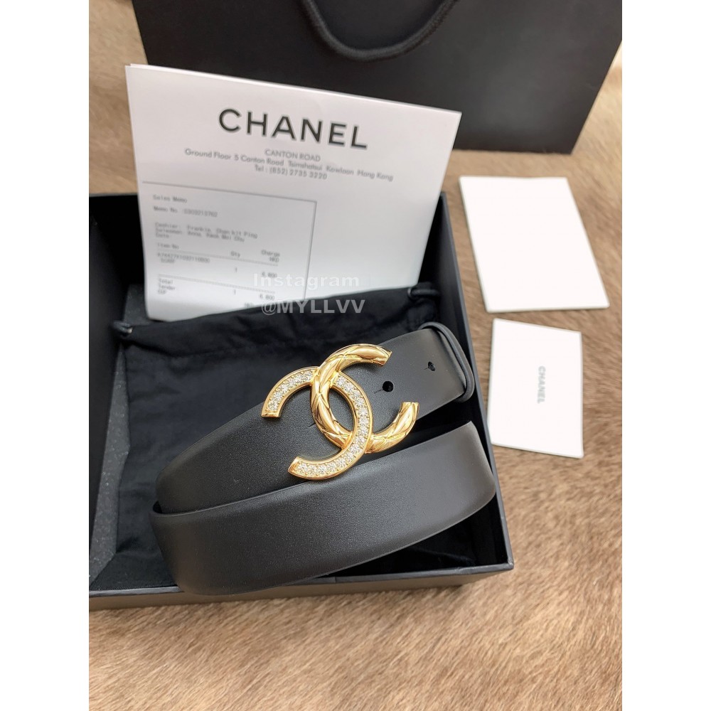 Chanel Black Calf Leather Gold Diamond Buckle 30mm Belts For Women 