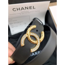 Chanel Black Calf Leather Gold Diamond Buckle 30mm Belts For Women 