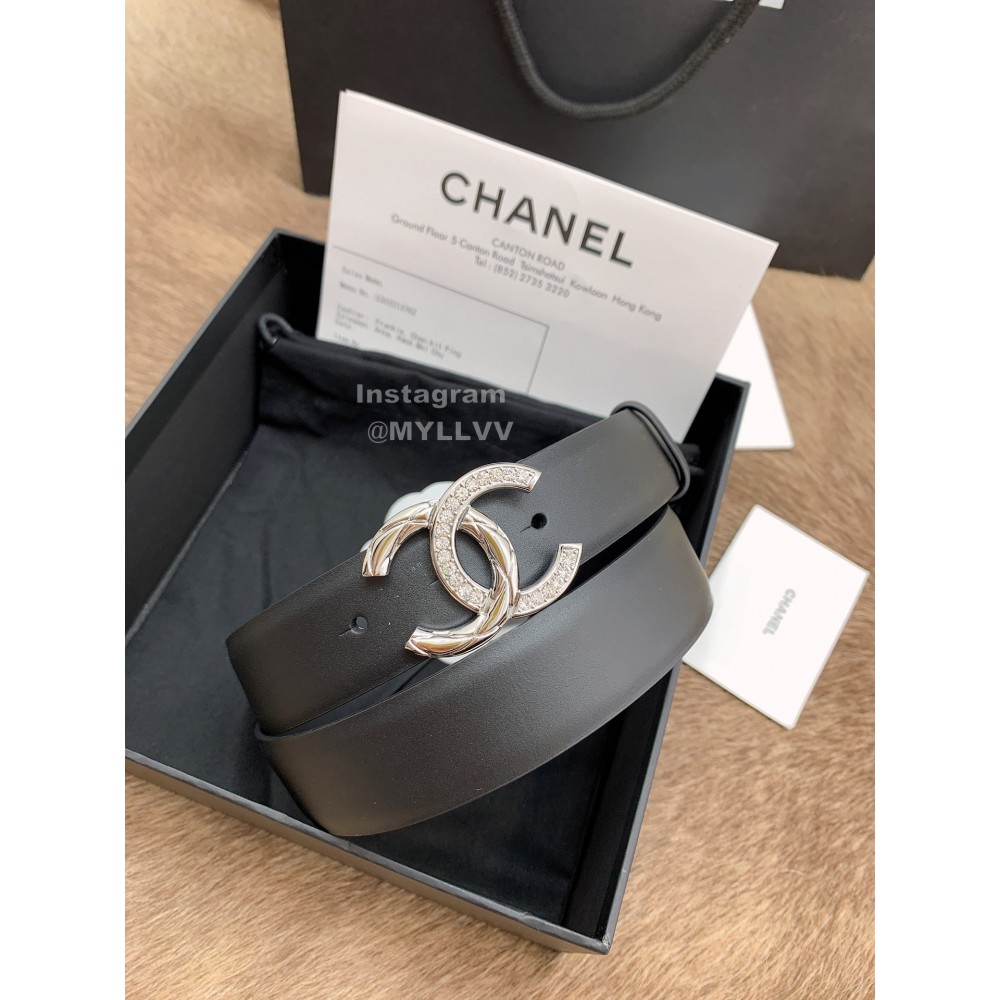Chanel Black Calf Leather Silver Diamond Buckle 30mm Belts For Women 