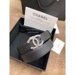 Chanel Black Calf Leather Silver Diamond Buckle 30mm Belts For Women 