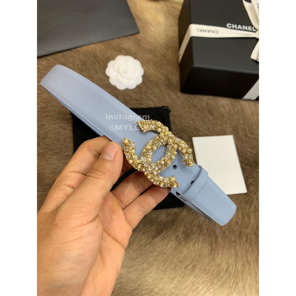 Chanel New Calf Leather Diamond Buckle 30mm Belts For Women Blue