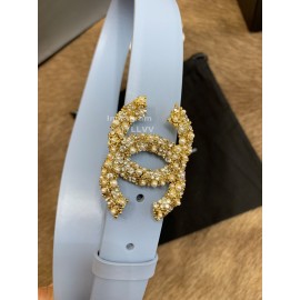 Chanel New Calf Leather Diamond Buckle 30mm Belts For Women Blue