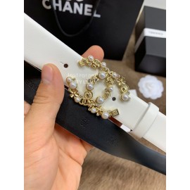 Chanel Elegant White Calf Leather Pearl Buckle 30mm Belts For Women