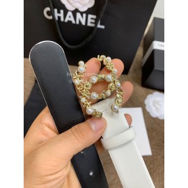 Chanel Elegant White Calf Leather Pearl Buckle 30mm Belts For Women