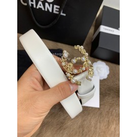Chanel Elegant White Calf Leather Pearl Buckle 30mm Belts For Women