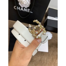 Chanel Elegant White Calf Leather Pearl Buckle 30mm Belts For Women