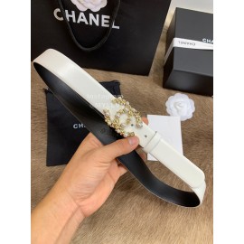 Chanel Elegant White Calf Leather Pearl Buckle 30mm Belts For Women