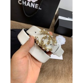Chanel Elegant White Calf Leather Pearl Buckle 30mm Belts For Women