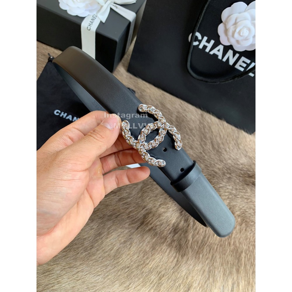 Chanel Fashion Silver Buckle Calf Leather 30mm Belts For Women Black