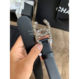 Chanel Fashion Silver Buckle Calf Leather 30mm Belts For Women Black