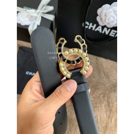 Chanel Fashion Pearl Buckle Calf Leather 30mm Belts For Women Black