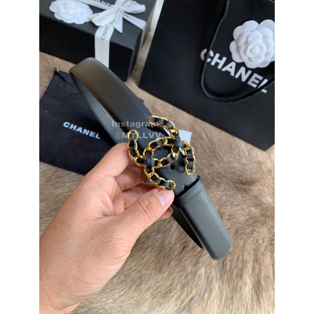 Chanel Calf Leather Fashion Gold Buckle 30mm Belts For Women Black
