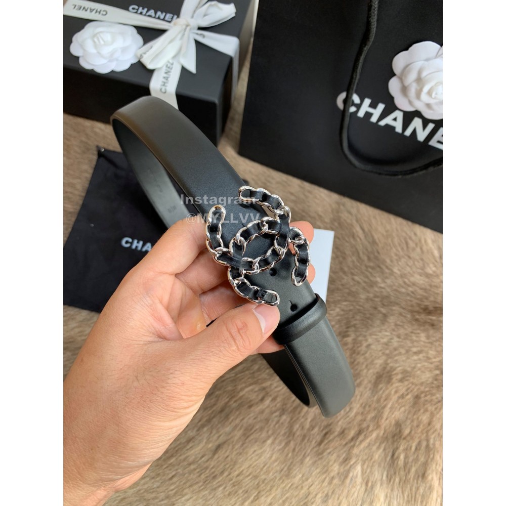 Chanel Calf Leather Fashion Silver Buckle 30mm Belts For Women Black