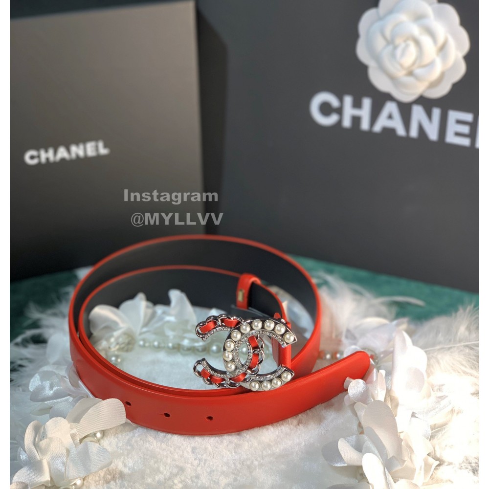 Chanel Fashion Calf Leather Pearl Silver Buckle 28mm Pharrell Belts Red