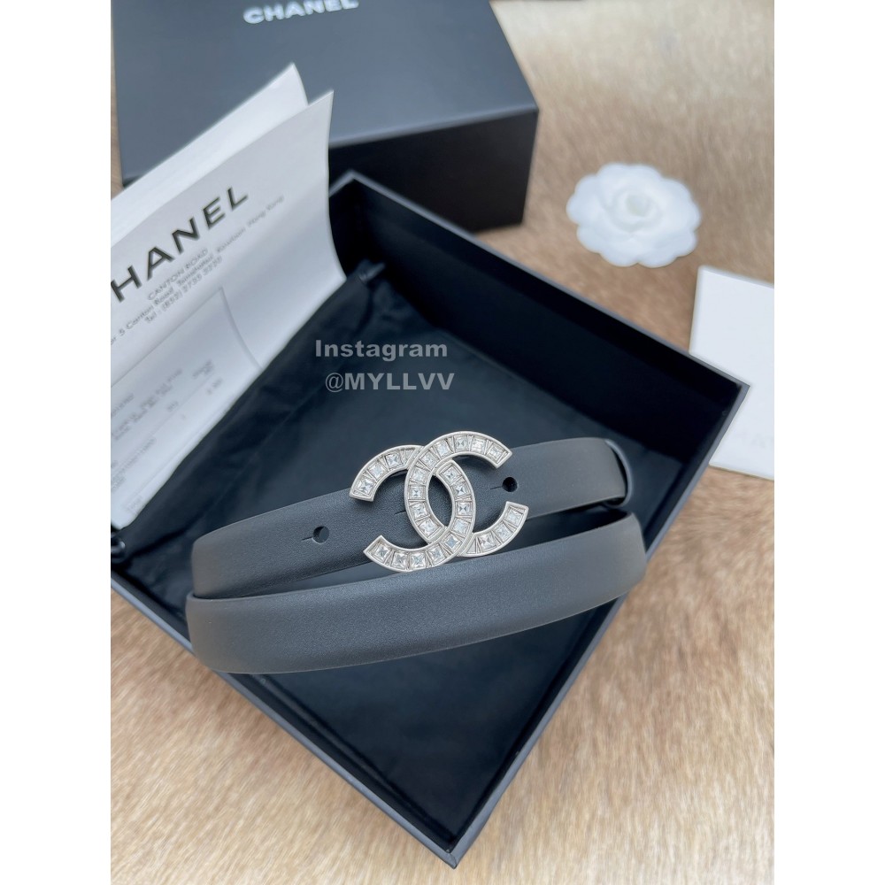 Chanel Fashion Calf Leather Silver Diamond Buckle 20mm Belts For Women Black