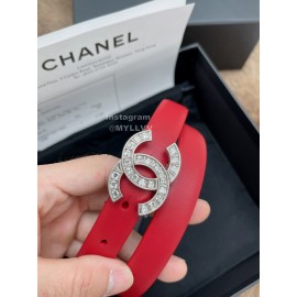 Chanel Fashion Calf Leather Silver Diamond Buckle 20mm Belts For Women Red