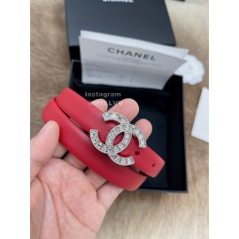 Chanel Fashion Calf Leather Silver Diamond Buckle 20mm Belts For Women Red