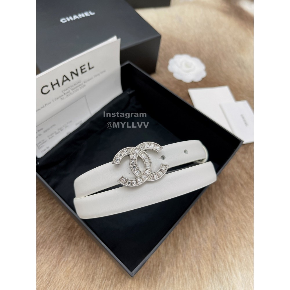 Chanel Fashion Calf Leather Silver Diamond Buckle 20mm Belts For Women White