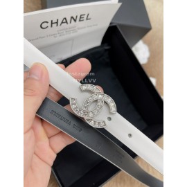 Chanel Fashion Calf Leather Silver Diamond Buckle 20mm Belts For Women White
