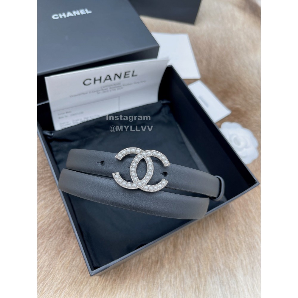 Chanel Fashion Calf Leather Pearl Silver Buckle 20mm Belts For Women Black