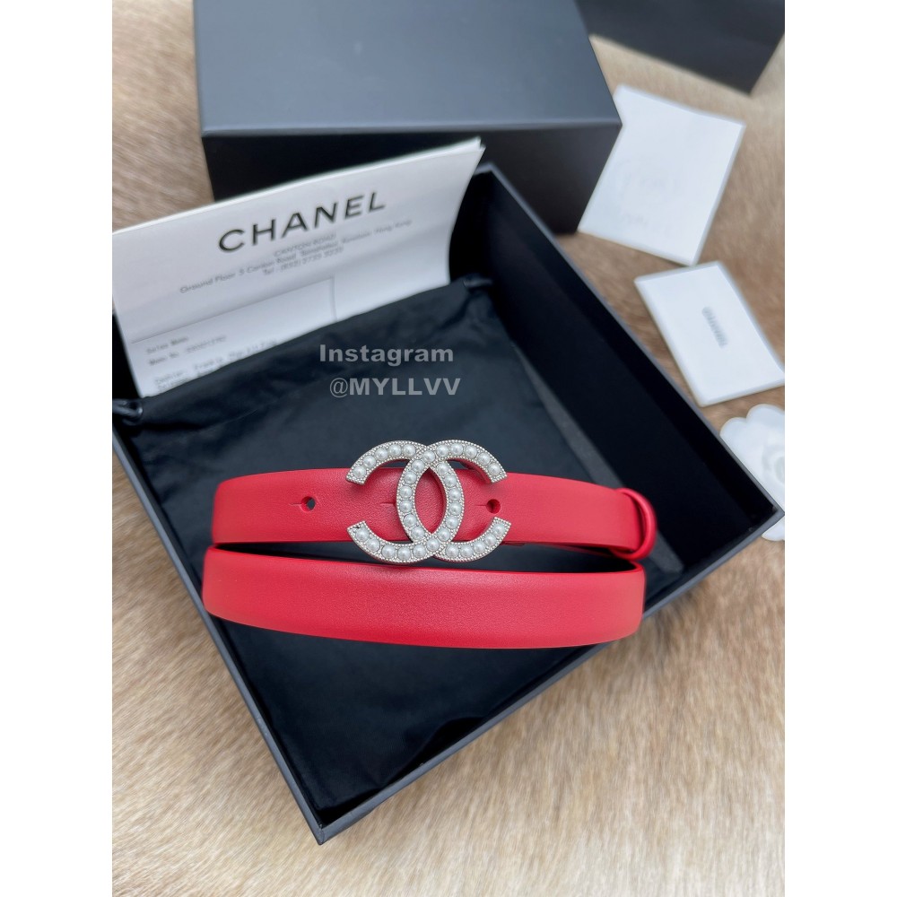 Chanel Fashion Calf Leather Pearl Silver Buckle 20mm Belts For Women Red