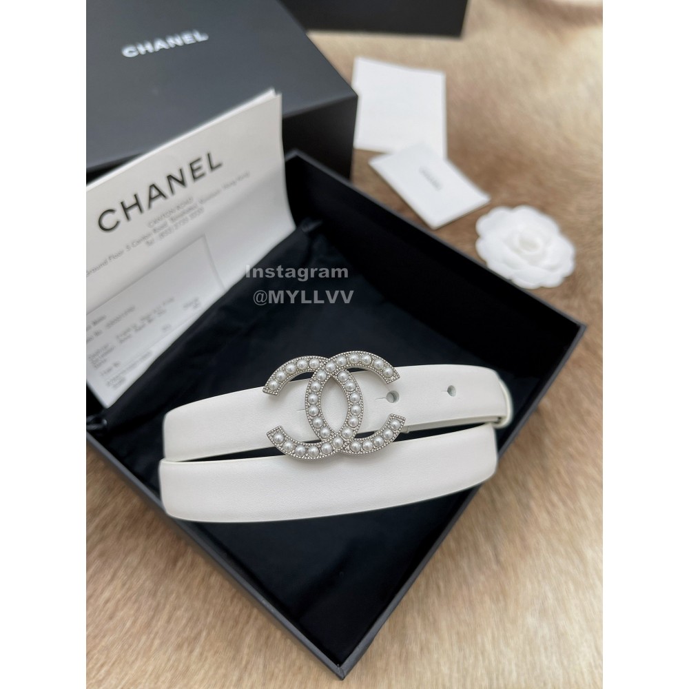 Chanel Fashion Calf Leather Pearl Silver Buckle 20mm Belts For Women White