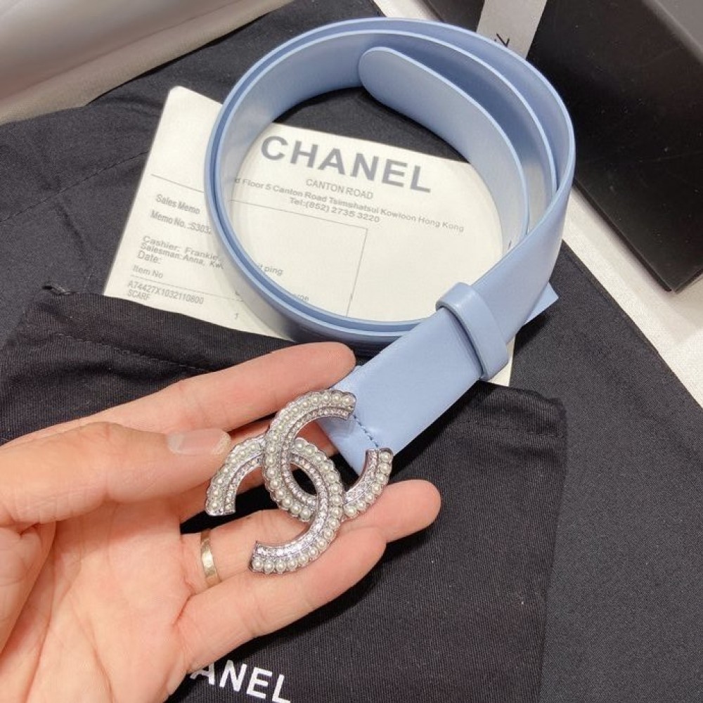 Chanel Fashion Calf Leather Pearl Buckle 30mm Belt Blue