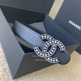 Chanel Black Calf Leather Pearl Buckle 28mm Belt
