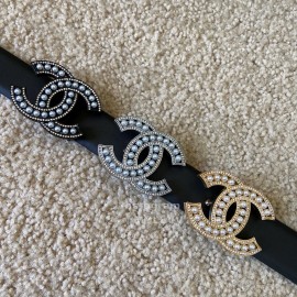 Chanel Black Calf Leather Pearl Buckle 28mm Belt