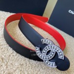 Chanel Black Red Calf Leather Pearl Buckle 28mm Belt