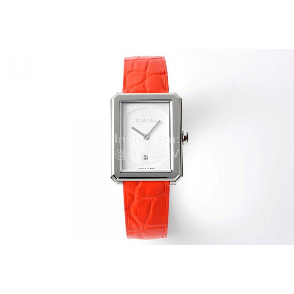 Chanel Boyfriend Serie Square Dial Leather Strap Watch Orange Red
