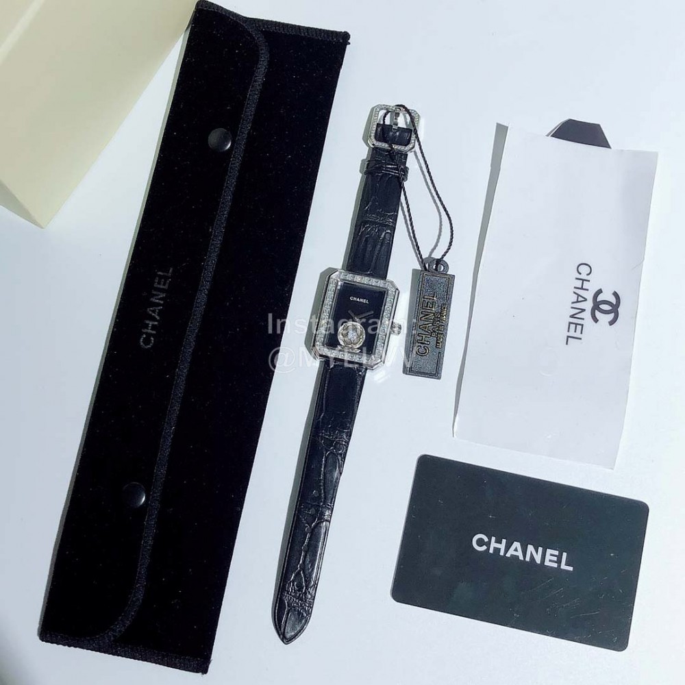 Chanel Boyfriend Series Sapphire Crystal Leather Strap Watch Black