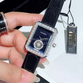 Chanel Boyfriend Series Sapphire Crystal Leather Strap Watch Black