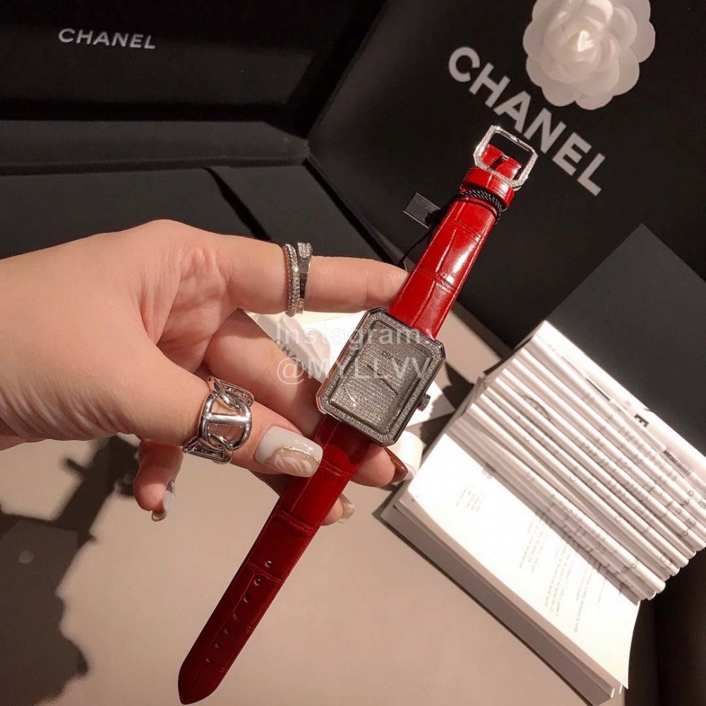 Chanel Fashion Diamond Leather Strap Watch For Women Red