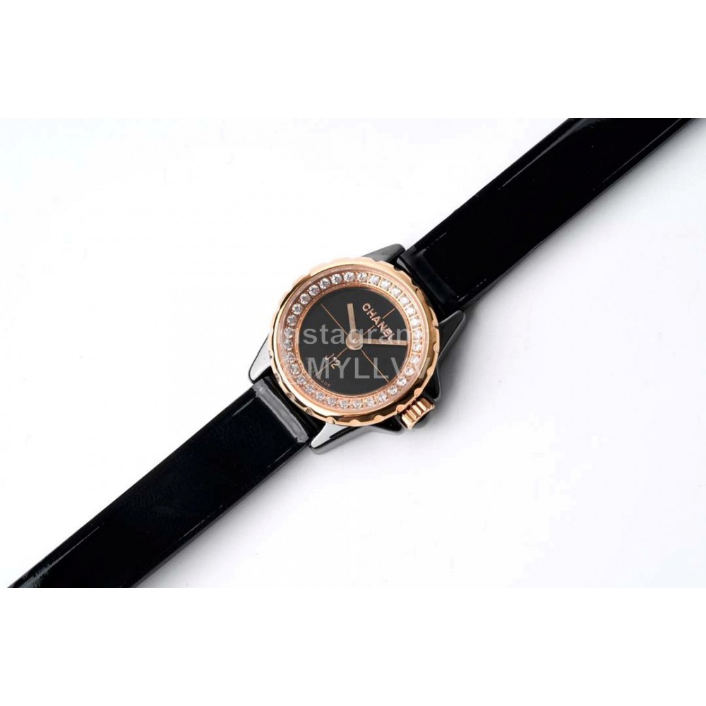 Chanel J12 Diamond Dial Black Leather Strap Watch For Women