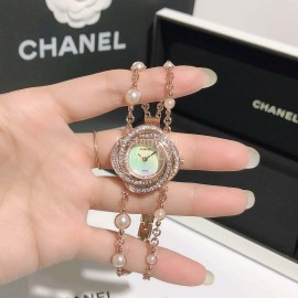Chanel CaméLia Series Rose Gold Pearl Chain Watch For Women White