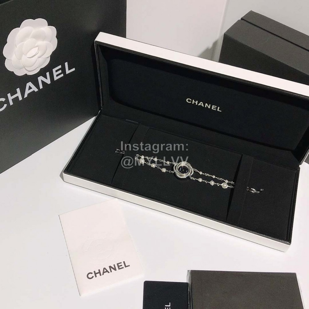 Chanel CaméLia Series Silver Pearl Chain Watch For Women Black