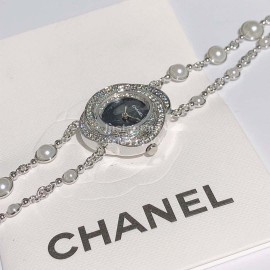 Chanel CaméLia Series Silver Pearl Chain Watch For Women Black