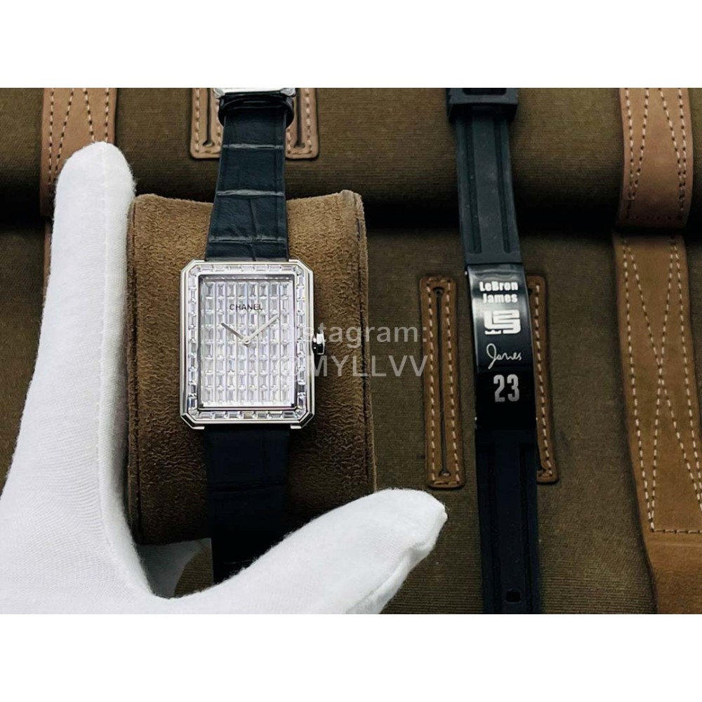 Chanel Cb Factory Square Dial Black Leather Strap Watch